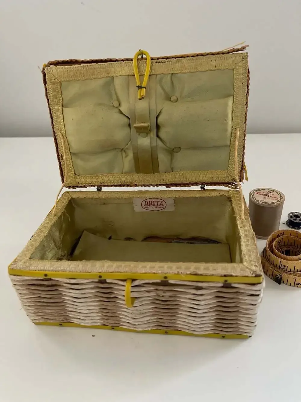 Vintage Dritz Woven Wicker Sewing Basket with Quilted Satin Lining Bright Yellow